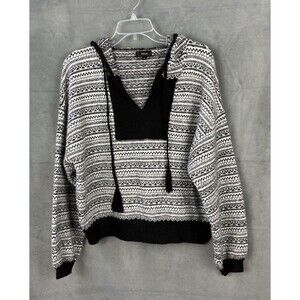 Aqua Brand Hooded Sweater Women's Large Black White Stripes V-neck